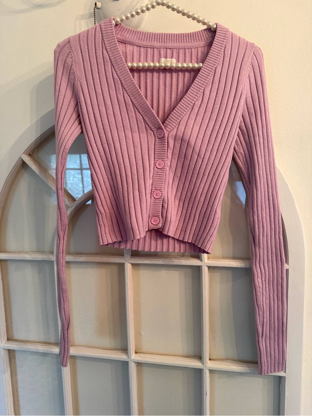 Aerie Lilac Ribbed V-Neck Button Cropped Sweater Balletcore Clean Girl Coquette